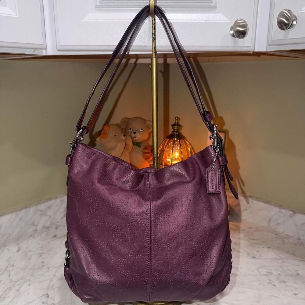 Coach Plum Purple Perforated shoulder / Crossbody Bag Logo Pattern Zipper Silver